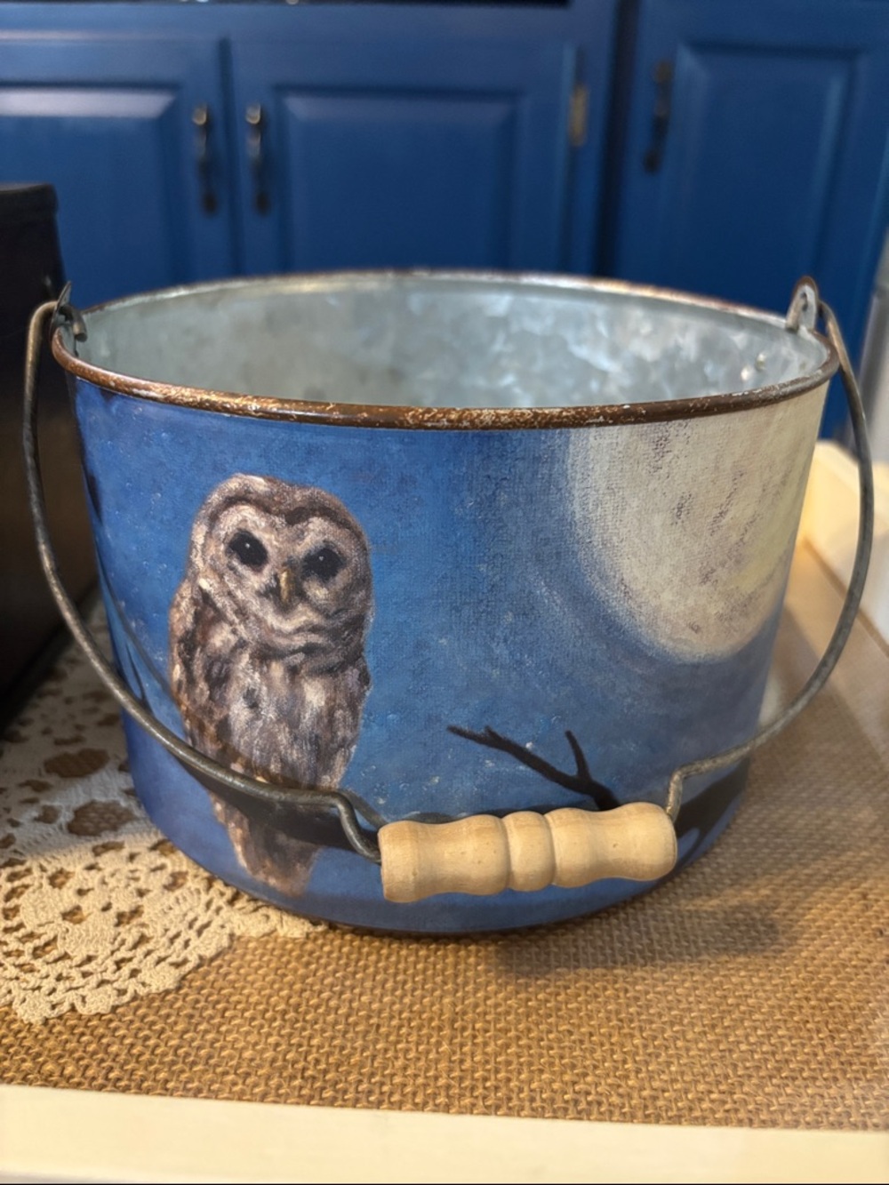 Galvanized Metal Owl Decor Bucket by Primitives By Kathy -Tree and Moon